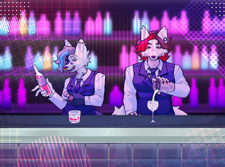 artfight attack of ChariAster&#39;s ocs kate and jed https://artfight.net/attack/7197346.tendin-the-bar